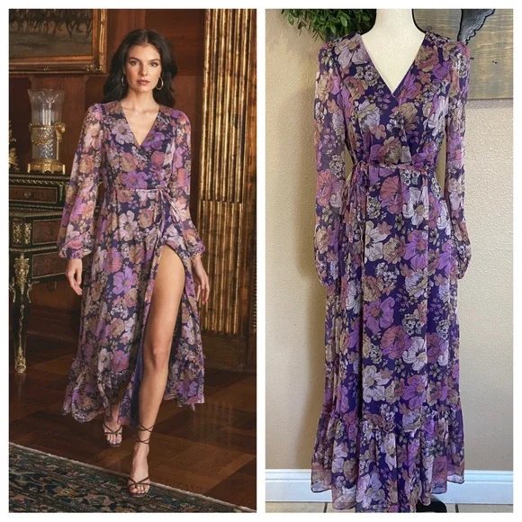 NWOT Lulus Feeling Sweet Purple Floral Print Long Sleeve Wrap Maxi Dress - Picture 1 of 12